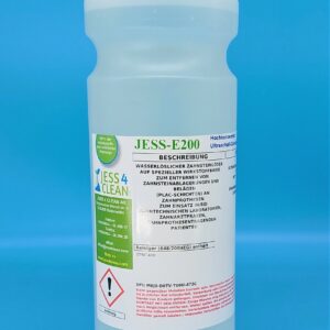Der Ultraschall-Zahnsteinlöser JESS-E200 in der 1 Liter Flasche ist ein wasserlöslicher Zahnsteinlöser auf spezieller Wirkstoffbasis zum Einsatz in der Zahntechnik und in Zahnarztpraxen. Entfernt Zahnstein, Plaque und Zahnbelag im Ultraschallbad, Poliernadelbad und Tauchbad. JESS-E200 ist dadurch ein hochwirksamer Zahnprothesenreiniger und Gebissreiniger.