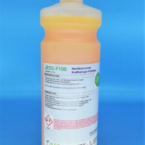 Kraftreiniger-Fettlöser JESS-F100 in der 1 Liter Flasche ist ein Spezialreinigungsprodukt zum Einsatz an allen abwaschbaren Oberflächen. Löst Fett, Öl, Schmieröl, Ruß, Tee, Nikotin, Coffein, Schmutz und Umweltablagerungen. Circa 70% der Inhaltsstoffe sind natürlichen Ursprungs.An beschichteten Oberflächen, Aluminium, alle Leichtmetalle, Gummi, Silikon oder Kunststoff anwendbar
