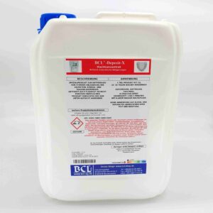 Mineral- und Zahnsteinentferner BCL®-Deposit-X 5kg Kanister. Entfernt starke Ablagerungen von Zahnstein, Plaque, Eiweiß, Stärke, Kalk, Wasserstein, Urinstein und Flugrost an nicht porösen Oberflächen. Produkt vorsichtig und nur unter Aufsicht verwenden. Keine Anwendung auf Eloxal und verzinkten Oberflächen ohnen Test und Beratung.