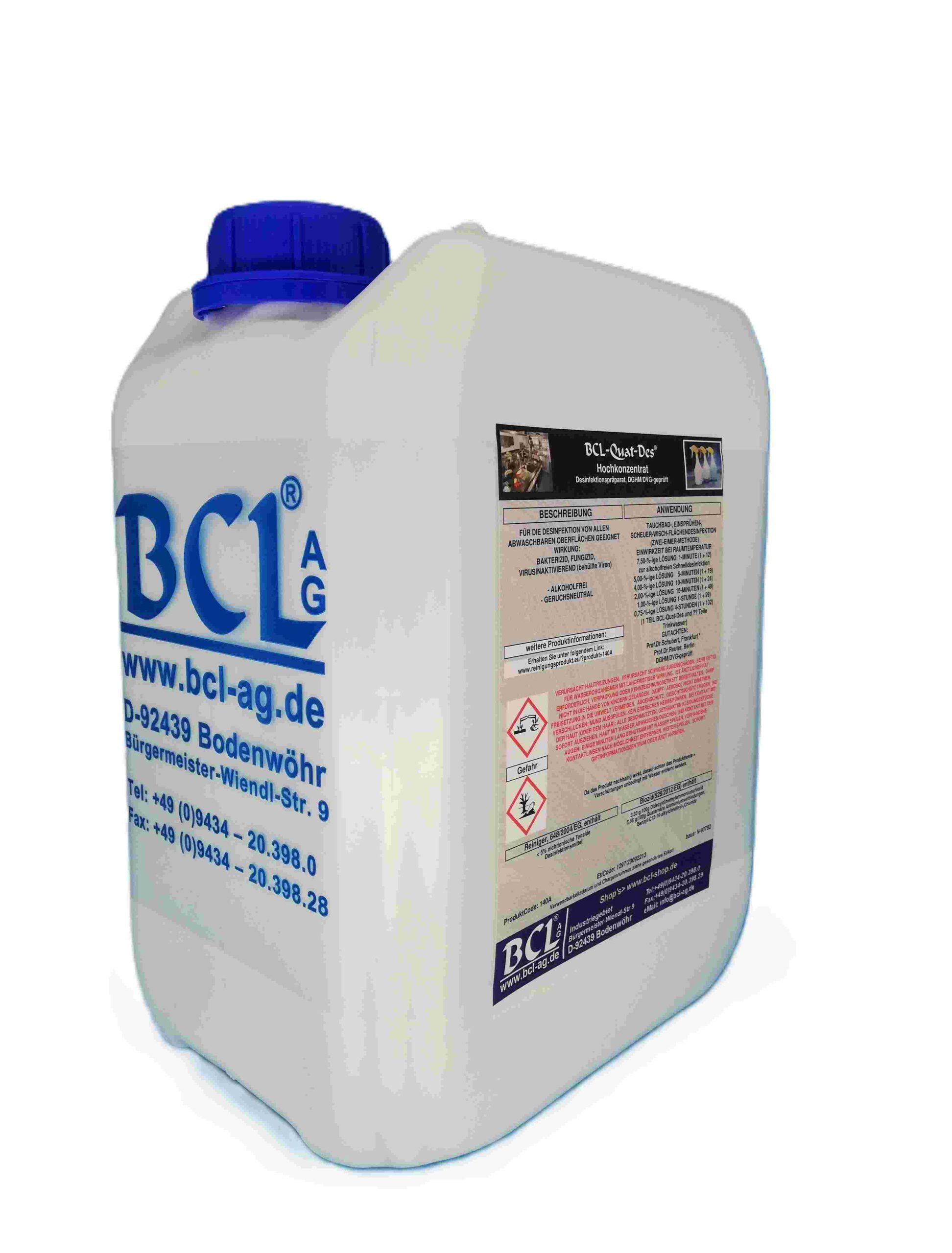 Abdruckdesinfektion und Tauchbaddesinfektion BCL-Quat-Des® für die Desinfektion von allen abwaschbaren Oberflächen. Wirkt bakterizid, fungizid und Virus inaktivierend (behüllte Viren). Für Desinfektionsautomaten geeignet, für alle neuen und gebrauchten Prothesen geeignet. Auch einsetzbar als Schnelldesinfektion, Flächendesinfektion, Bimssteindesinfektion, Wischdesinfektion, Scheuerdesinfektion.