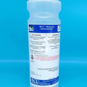 Edelstahlpflege und -schutz BCL®-Metacare 1000ml Flasche. flüssiges Pflegeprodukt auf spezieller Wirkstoffbasis für metallische Oberflächen. Entfernt Fingerabdrücke und leichte Fett-, Öl-, Schmieröl- und Staubverschmutzungen. Hinterlässt einen wasserabweisenden Schutzfilm an allen metallischen Oberflächen und beugt Flugrostbildung