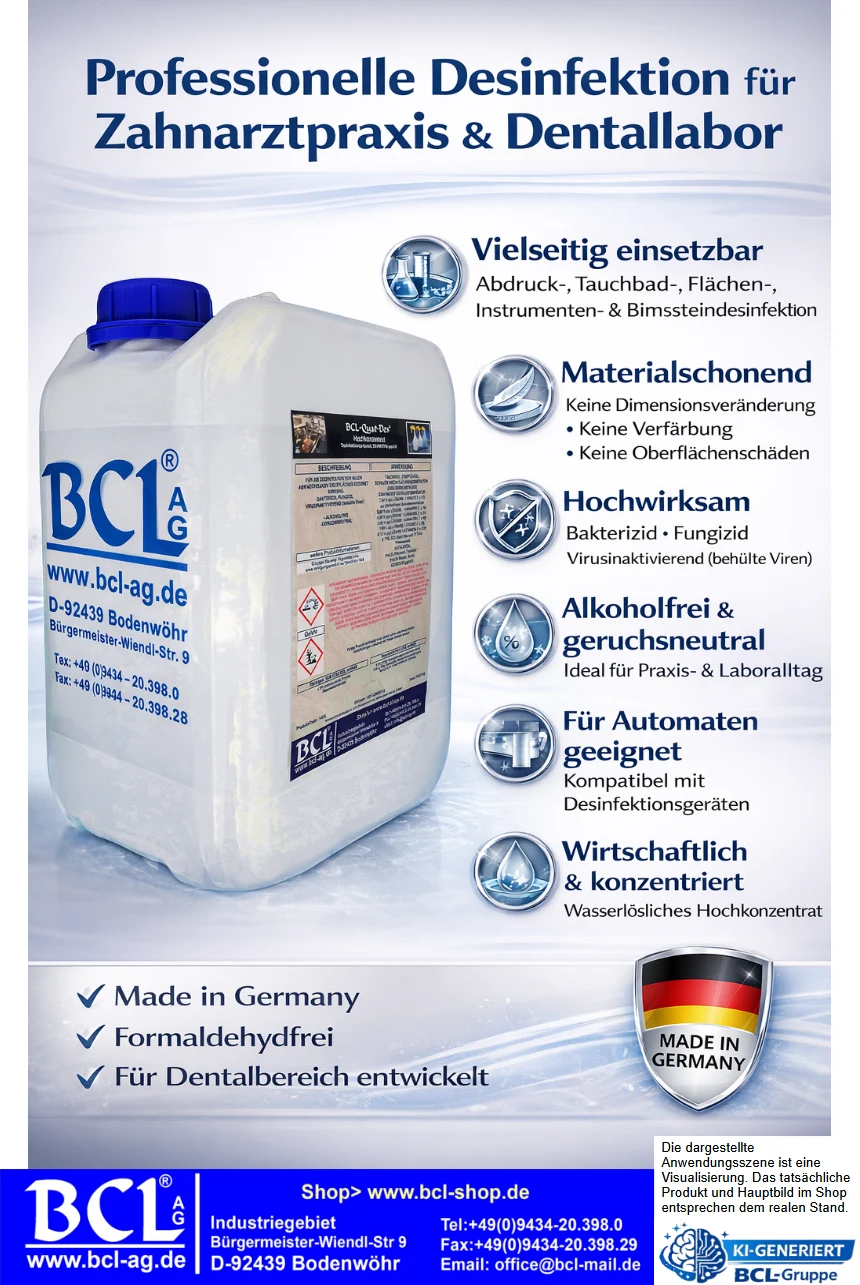 BCL-Quat-Des® für Zahnarzt und Dentallabor – Hochwirksame Abdruck- und Tauchbaddesinfektion sowie Flächendesinfektion und Bimssteindesinfektion, alkoholfrei und geruchsneutral