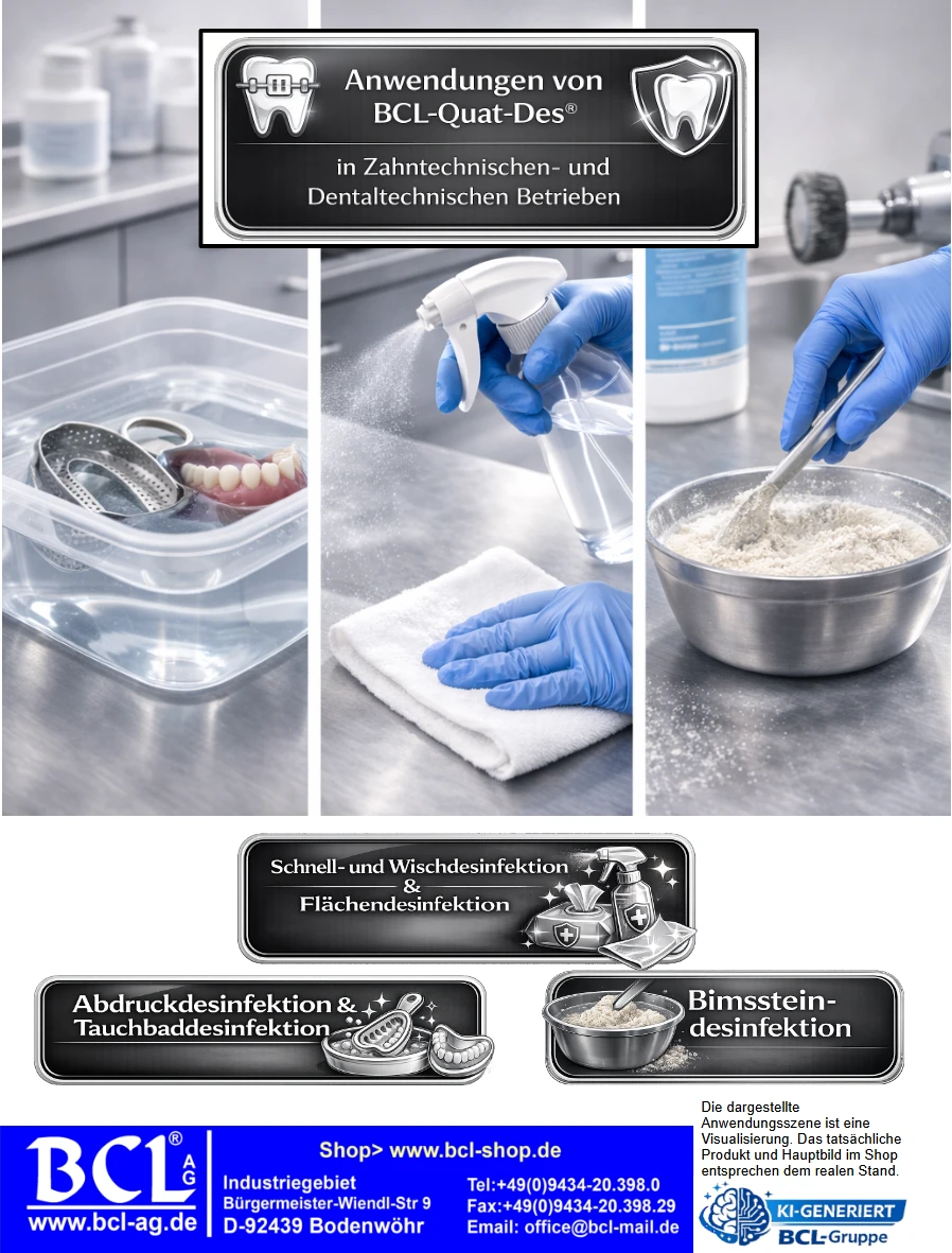 BCL-Quat-Des® Desinfektionsmittel im Dentallabor – Abdruck- und Tauchbaddesinfektion, Flächendesinfektion sowie Bimssteindesinfektion in zahntechnischen Betrieben