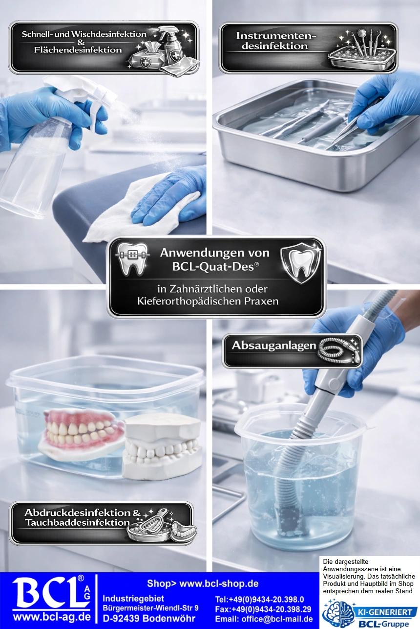 BCL-Quat-Des® Desinfektionsmittel für Zahnarztpraxis – Abdruckdesinfektion, Tauchbaddesinfektion, Instrumentendesinfektion, Flächendesinfektion und Absauganlagendesinfektion