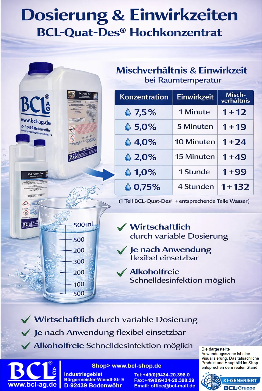 Mischverhältnis und Einwirkzeiten von BCL-Quat-Des® Hochkonzentrat – Dosierungstabelle für Abdruck-, Flächen- und Instrumentendesinfektion im Zahnarzt und Dentallabor